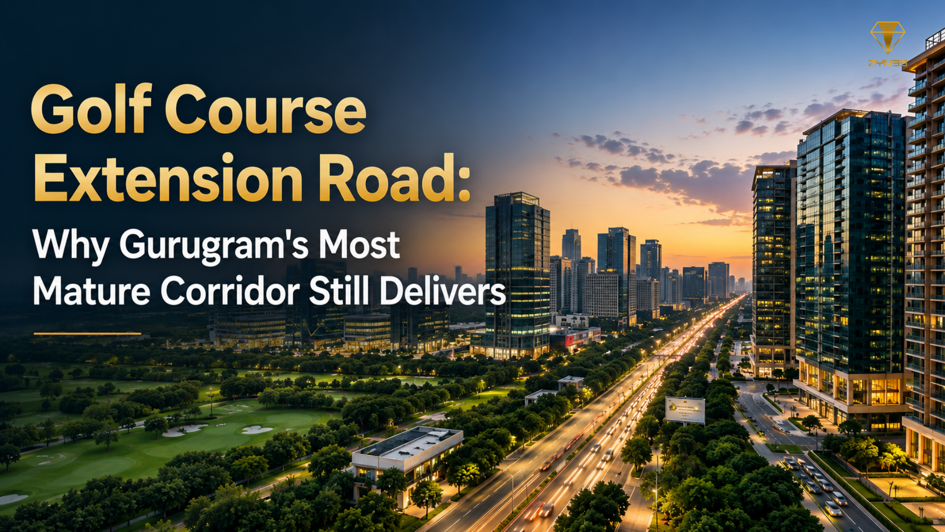 Golf Course Extension Road in Gurugram, showcasing the mature luxury real estate corridor with modern high-rises, greenery, and premium urban infrastructure.