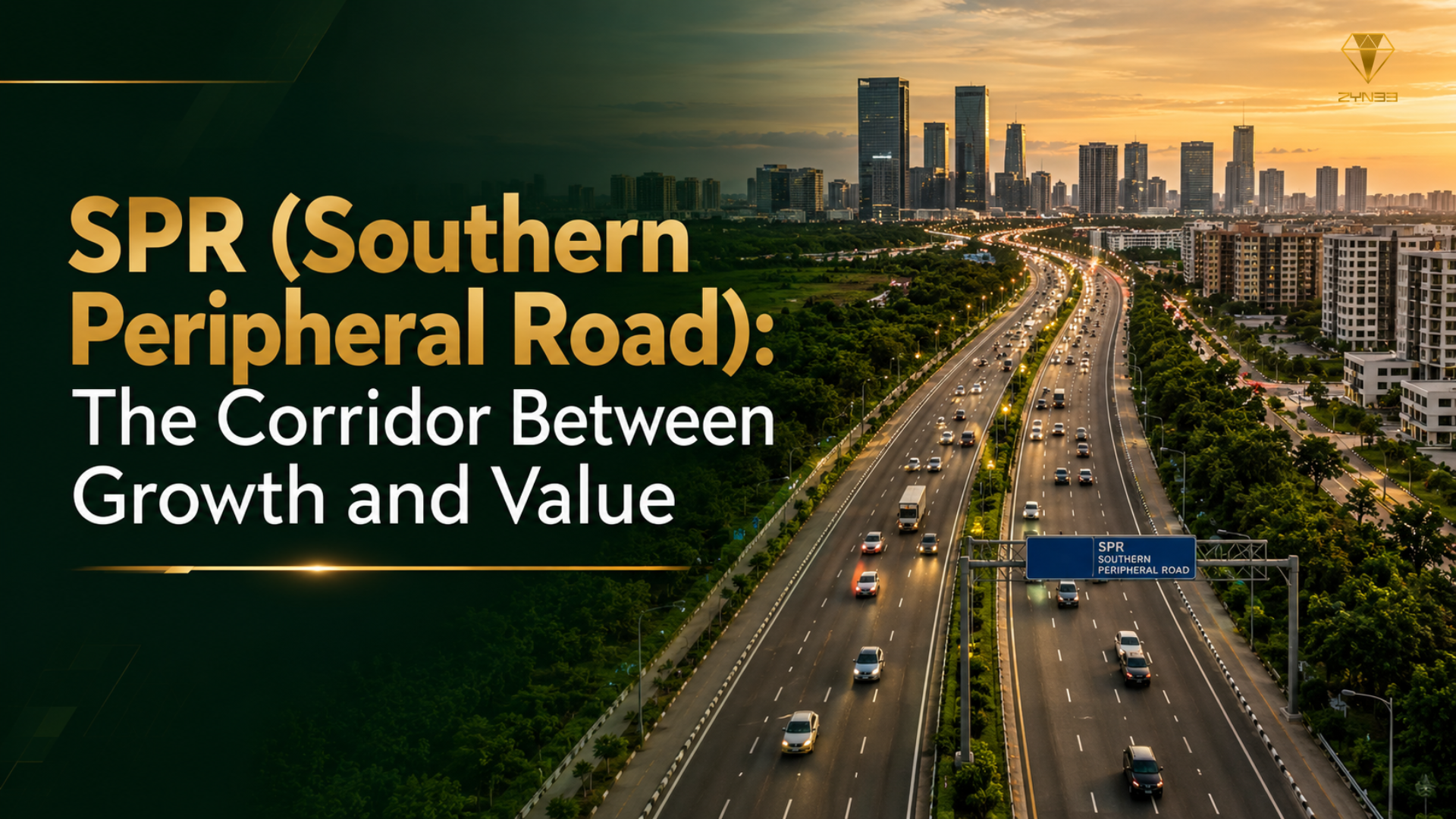 SPR (Southern Peripheral Road) in Gurugram, showing a modern multi-lane corridor connecting residential developments, commercial districts and emerging growth zones.