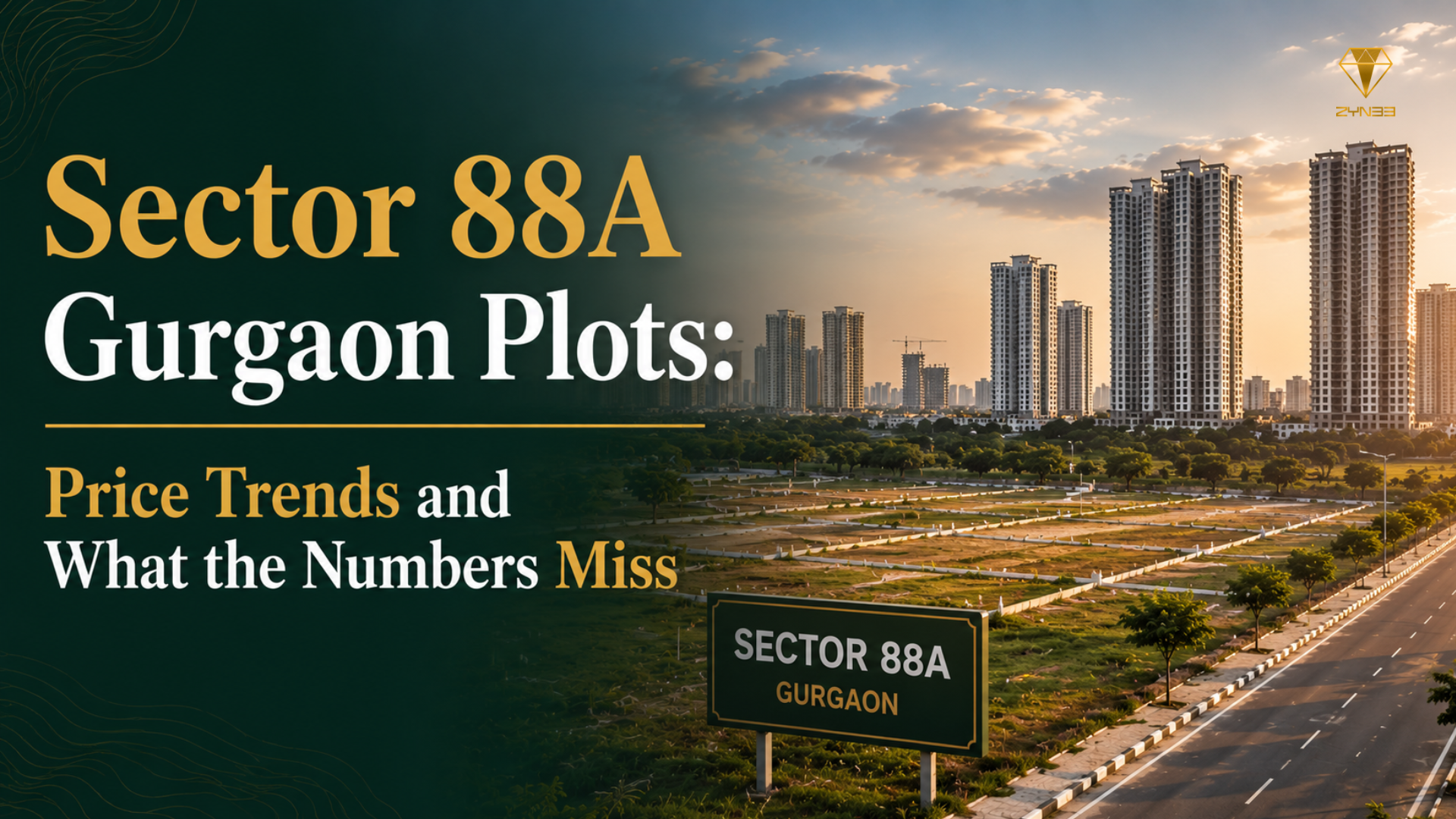 Sector 88A Gurgaon plots with developing infrastructure, residential towers, roads, and land parcels highlighting price trends and market potential.