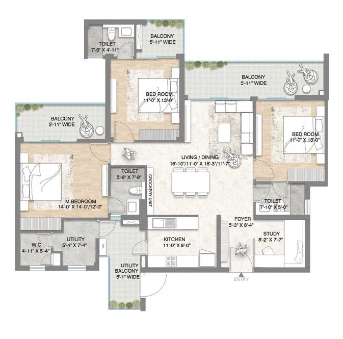 Floor Plan 3 BHK + Study + Utility