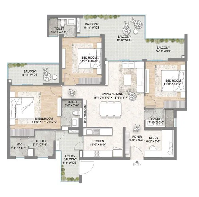 Floor Plan 3 BHK + Study + Utility