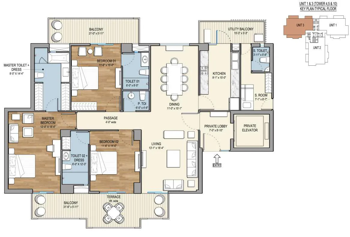 Floor Plan 3 BHK + Servant Room