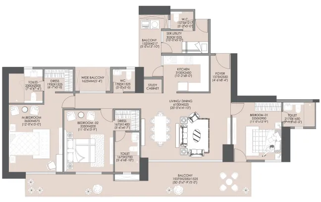 Floor Plan 3 BHK + Servant Room