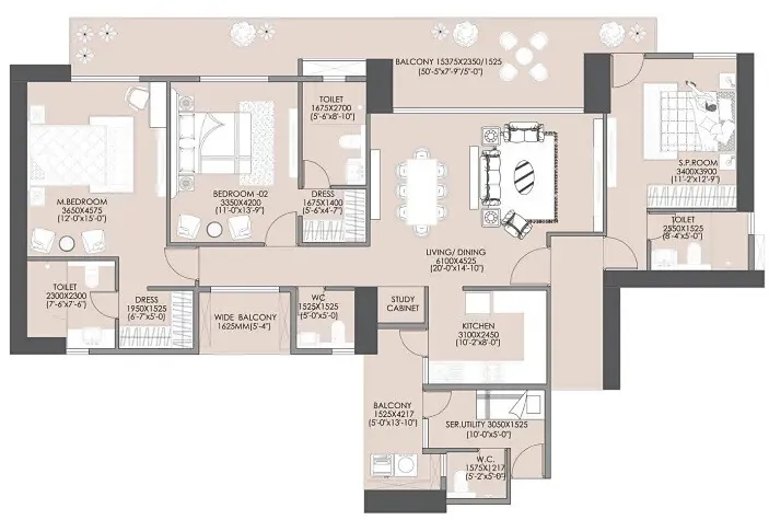 Floor Plan 3 BHK + Servant Room