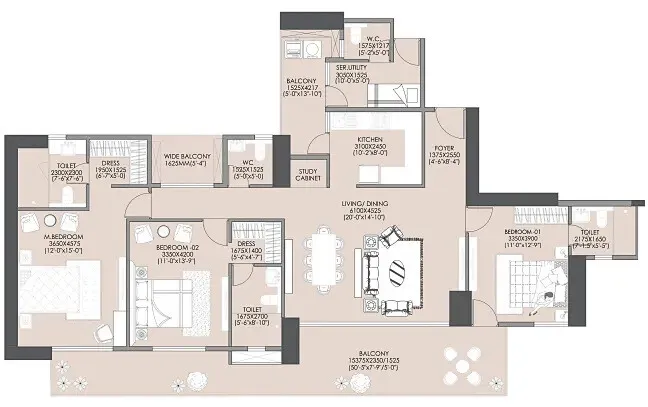 Floor Plan 3 BHK + Servant Room