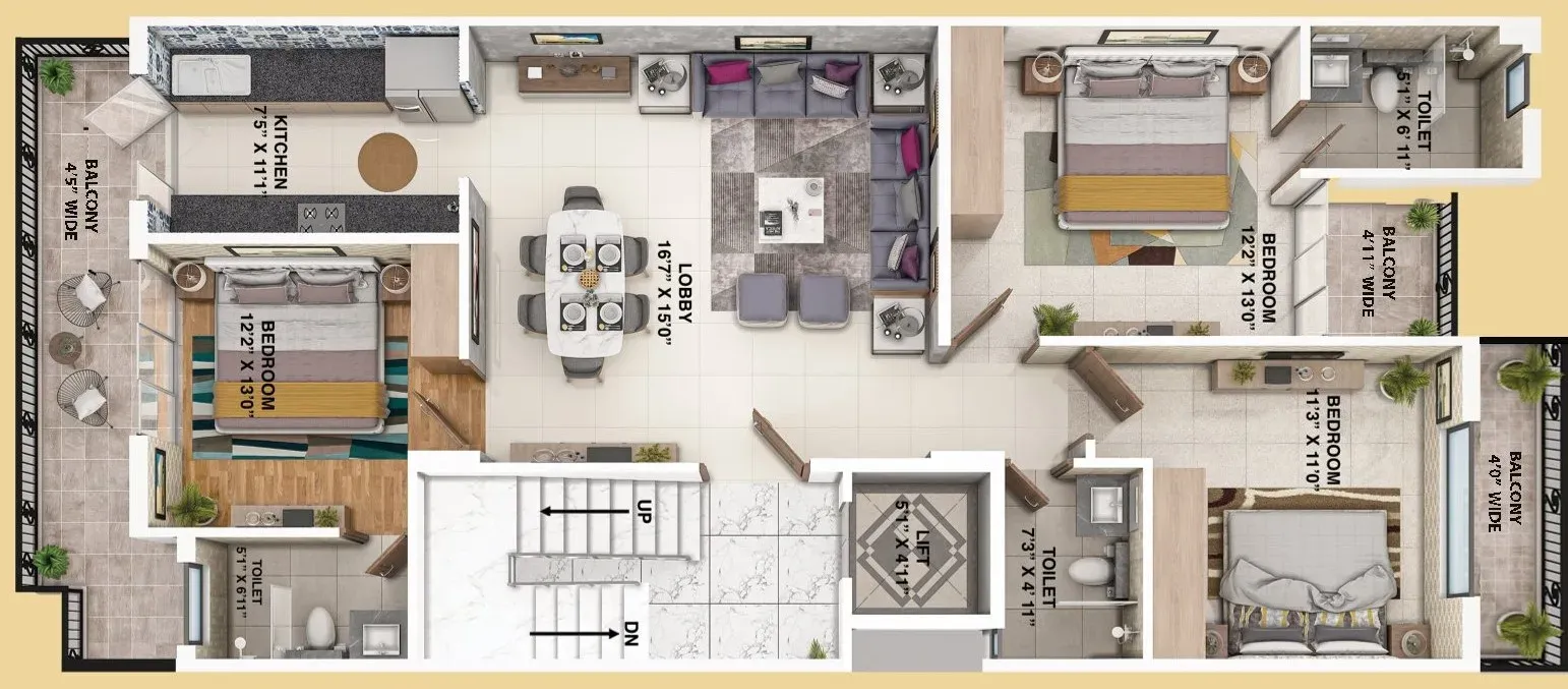 Floor Plan 3 BHK + 3T