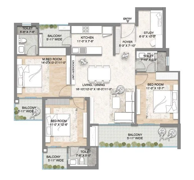 Floor Plan 3 BHK + Study