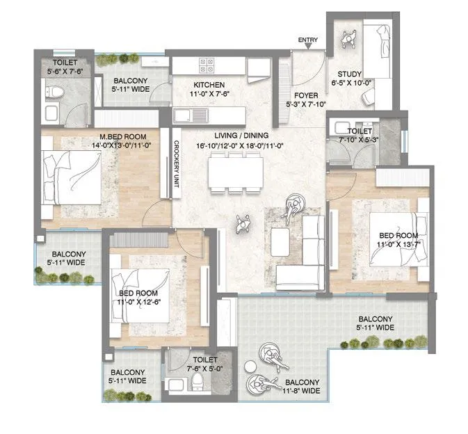 Floor Plan 3 BHK + Study
