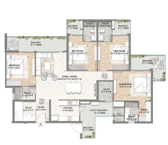 Floor Plan 4 BHK + Study + Utility