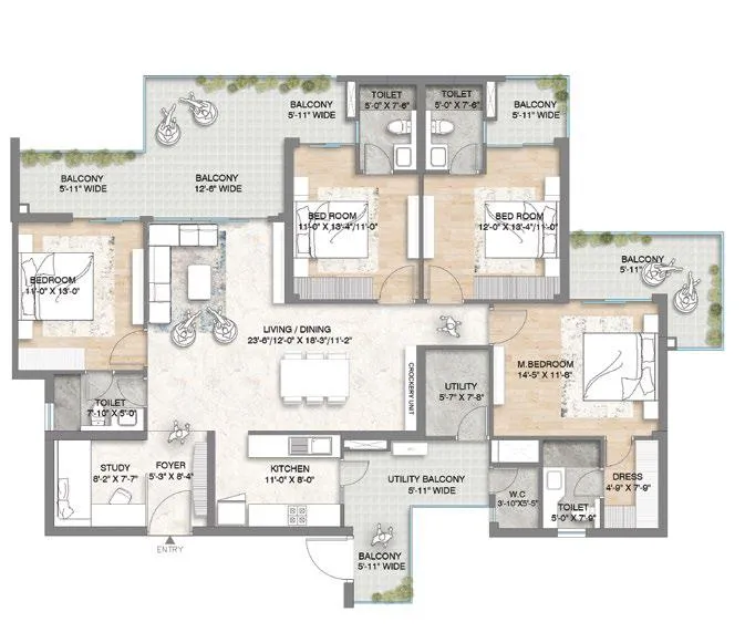 Floor Plan 4 BHK + Study + Utility