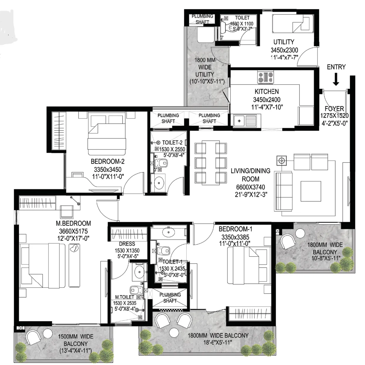 Floor Plan 3 BHK + Utility
