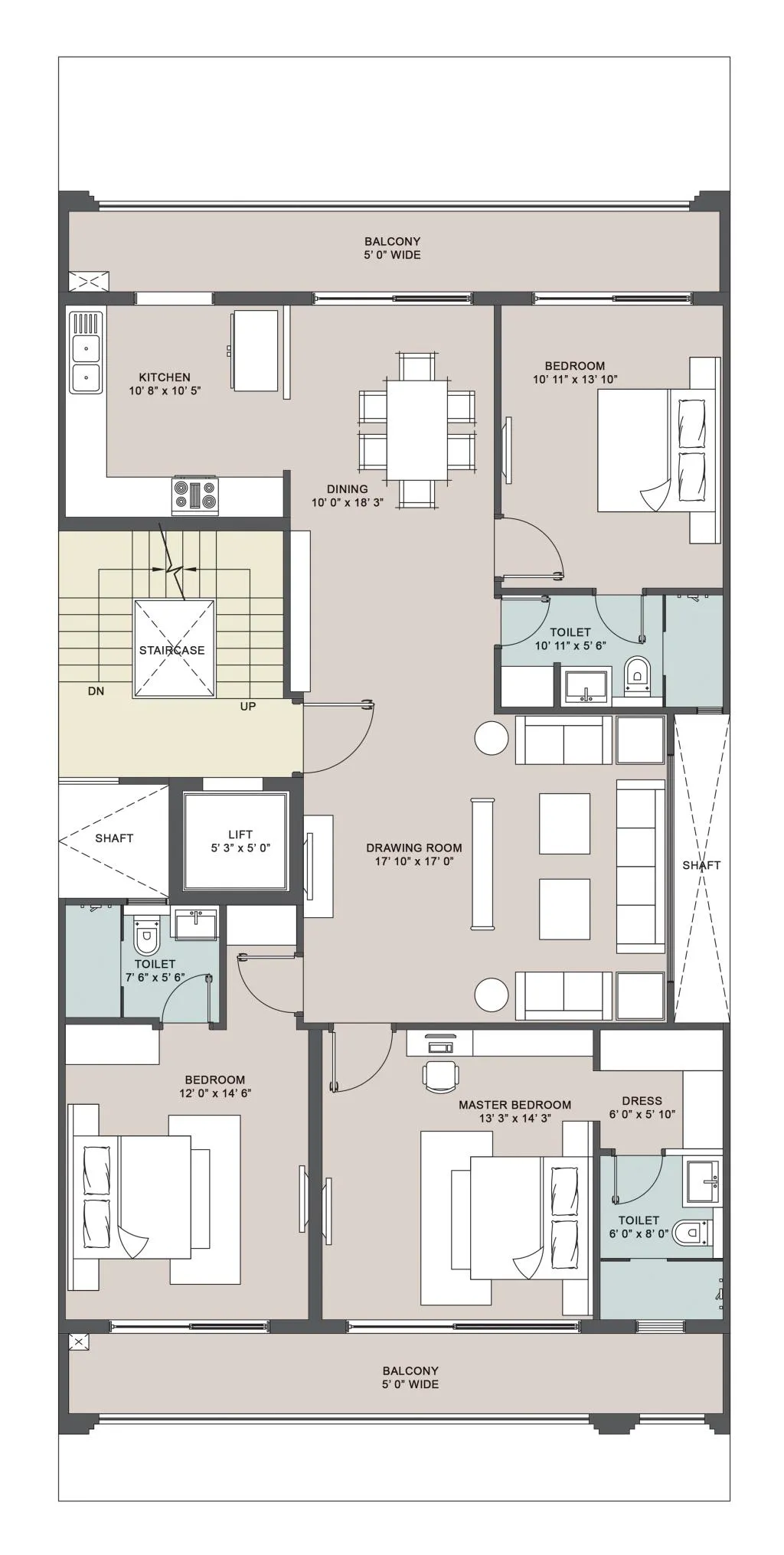 Floor Plan 3 BHK with Half Terrace