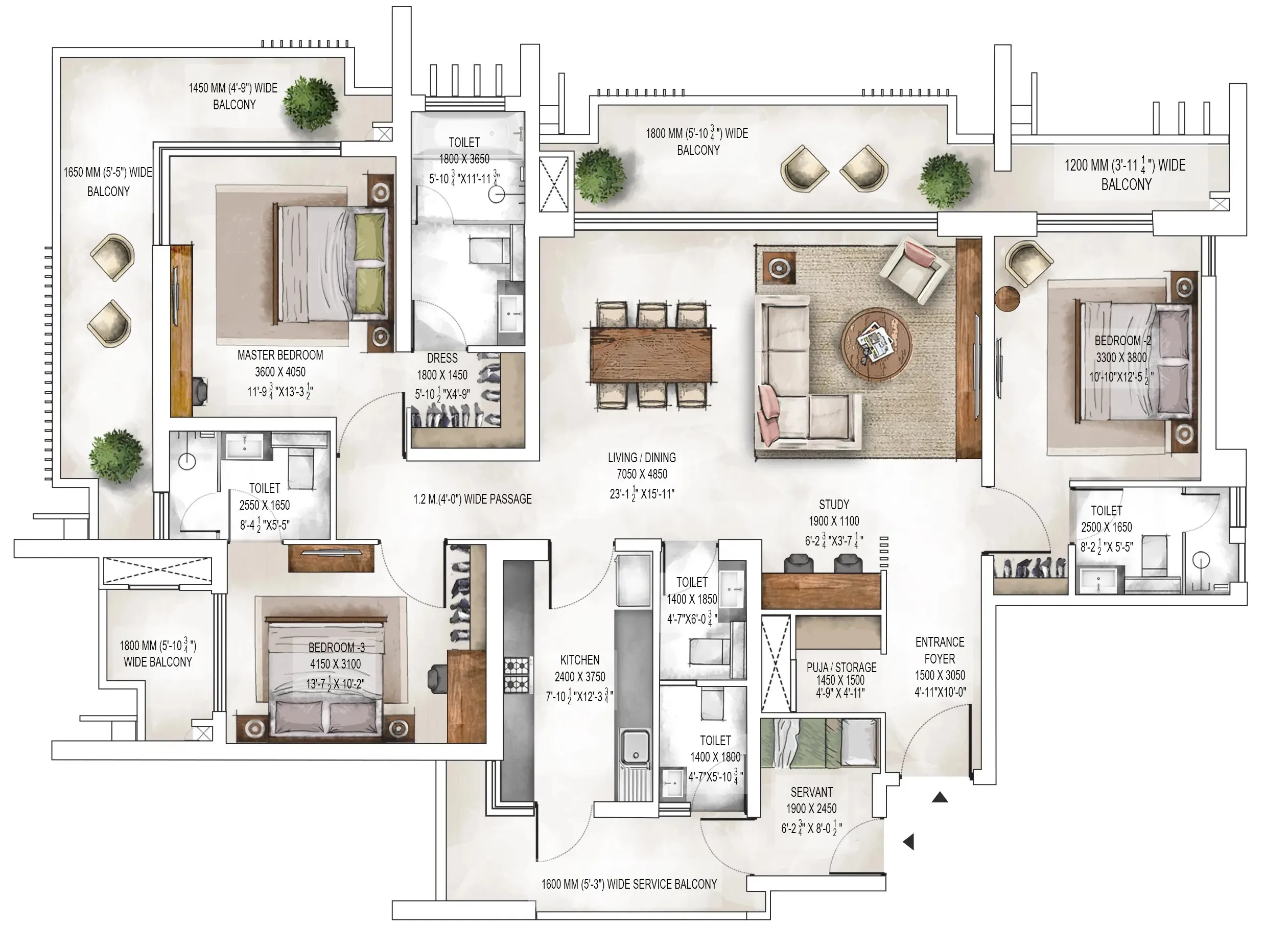 Floor Plan 3 LDK + Servant Room - A