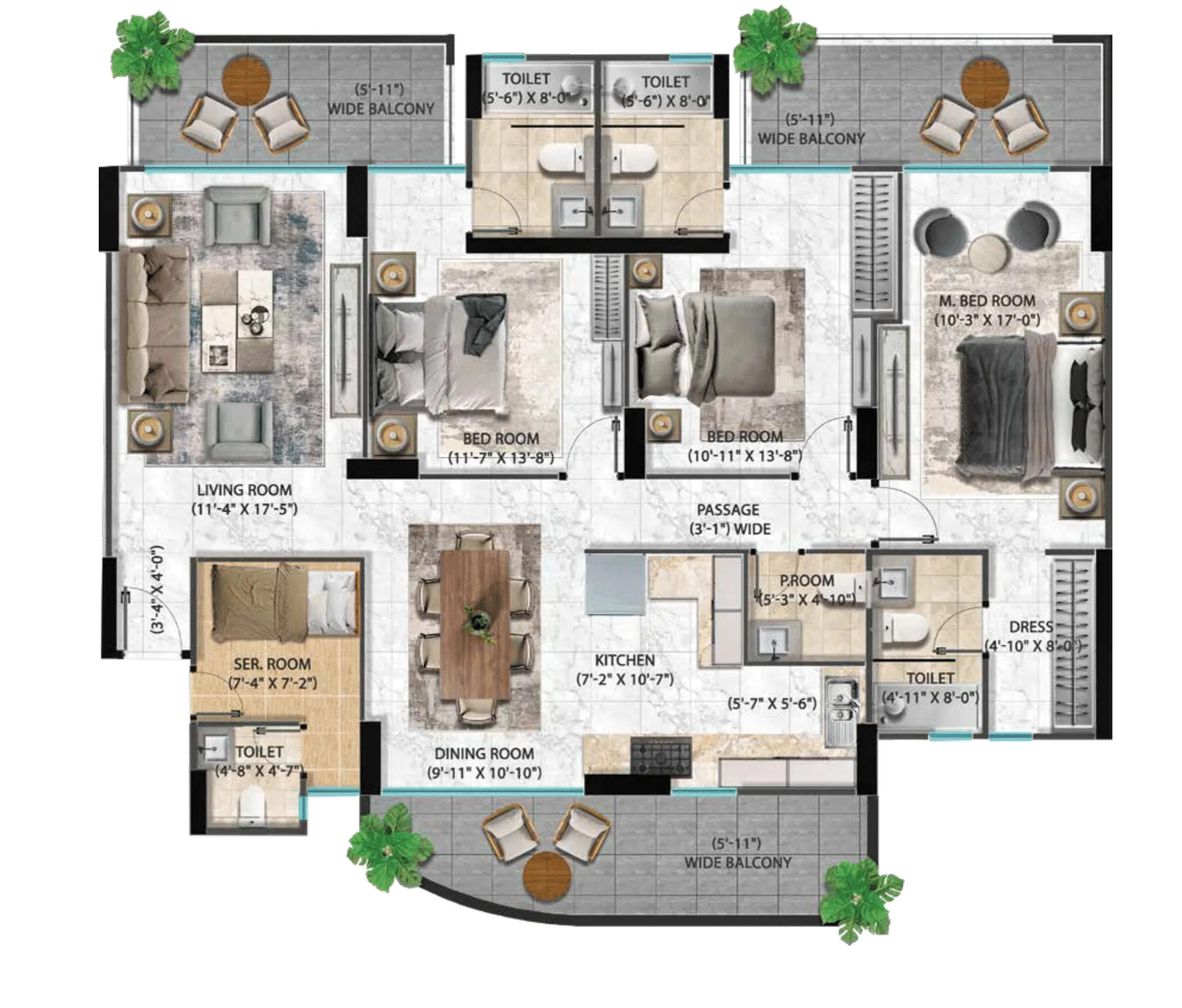 Floor Plan 3 BHK + Servant Room
