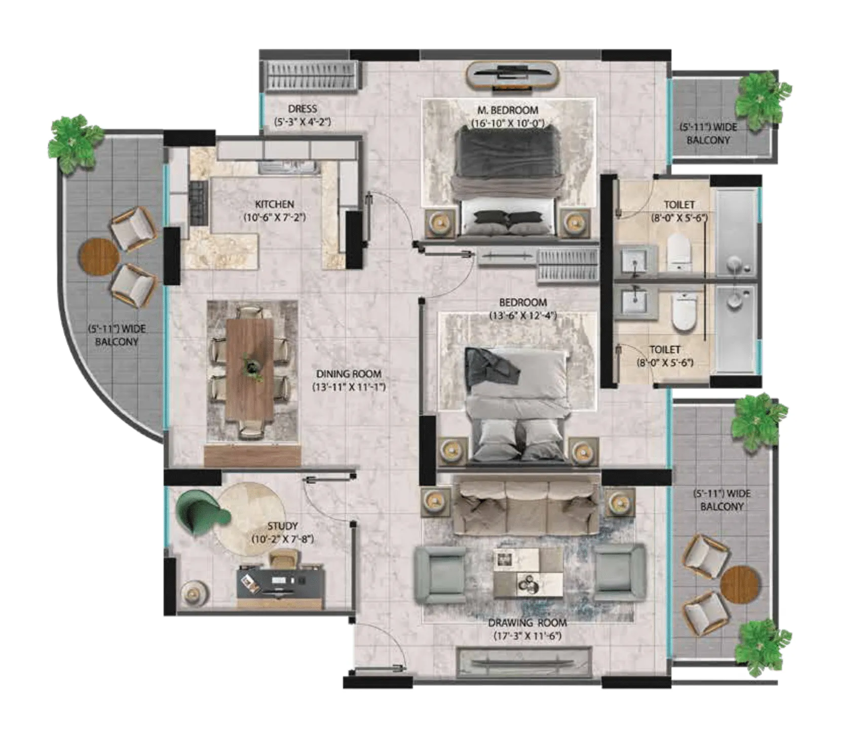 Floor Plan 2 BHK + Study