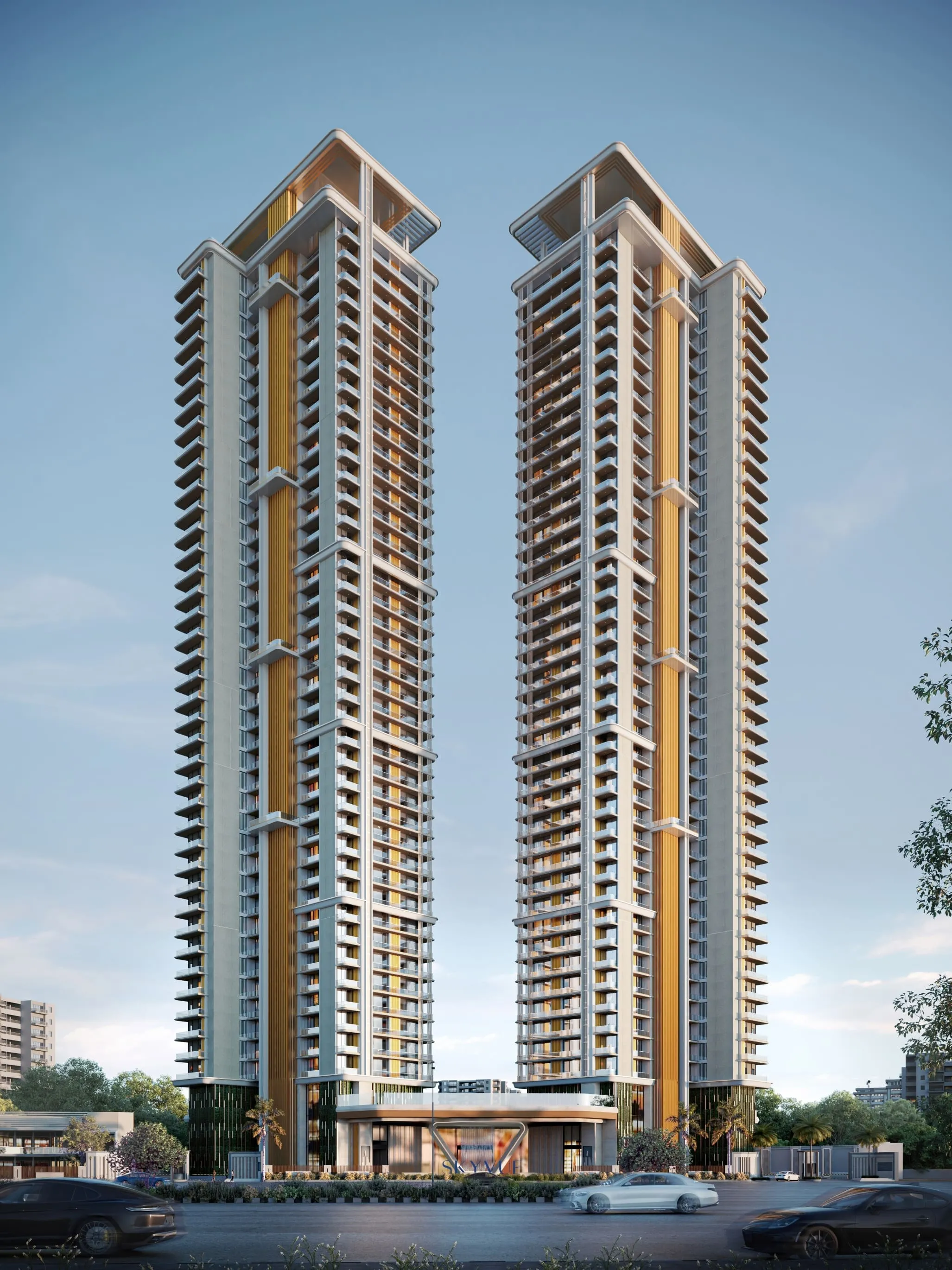 Landmark Skyvue Sector 103 Gurgaon luxury high rise apartment project main exterior facade view on Dwarka Expressway by Landmark Group